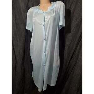 70s Vintage PHILMAID Button Robe Nightgown SILKY BLUE Pockets WOMEN'S M/L flaw